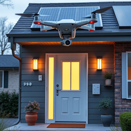modular smart sensors on futuristic front door,energy efficient camera under solar panel,future-ready neighborhood surveillance drone,cloud-based home security dashboard on tablet,modern entryway with facial recognition access