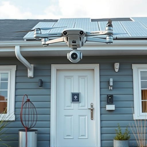 modular smart sensors on futuristic front door,energy efficient camera under solar panel,future-ready neighborhood surveillance drone,cloud-based home security dashboard on tablet,modern entryway with facial recognition access