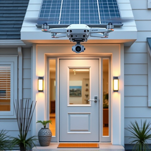 modular smart sensors on futuristic front door,energy efficient camera under solar panel,future-ready neighborhood surveillance drone,cloud-based home security dashboard on tablet,modern entryway with facial recognition access