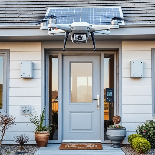 modular smart sensors on futuristic front door,energy efficient camera under solar panel,future-ready neighborhood surveillance drone,cloud-based home security dashboard on tablet,modern entryway with facial recognition access