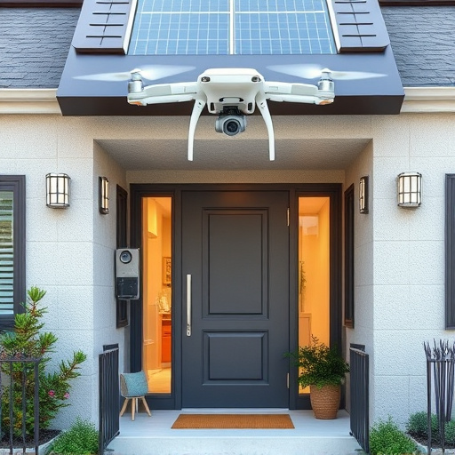 modular smart sensors on futuristic front door,energy efficient camera under solar panel,future-ready neighborhood surveillance drone,cloud-based home security dashboard on tablet,modern entryway with facial recognition access