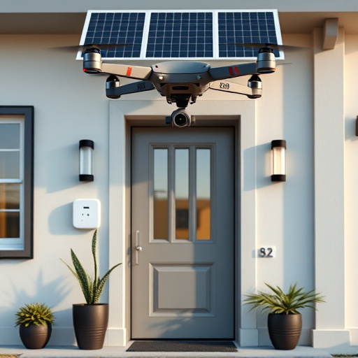 modular smart sensors on futuristic front door,energy efficient camera under solar panel,future-ready neighborhood surveillance drone,cloud-based home security dashboard on tablet,modern entryway with facial recognition access