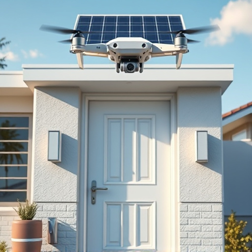 modular smart sensors on futuristic front door,energy efficient camera under solar panel,future-ready neighborhood surveillance drone,cloud-based home security dashboard on tablet,modern entryway with facial recognition access