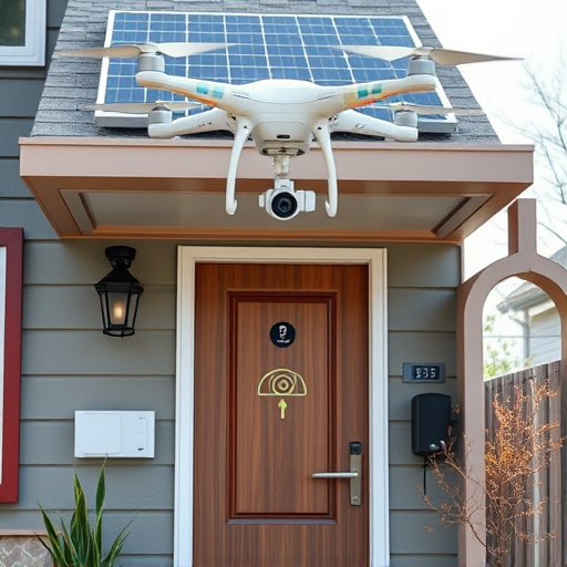 modular smart sensors on futuristic front door,energy efficient camera under solar panel,future-ready neighborhood surveillance drone,cloud-based home security dashboard on tablet,modern entryway with facial recognition access