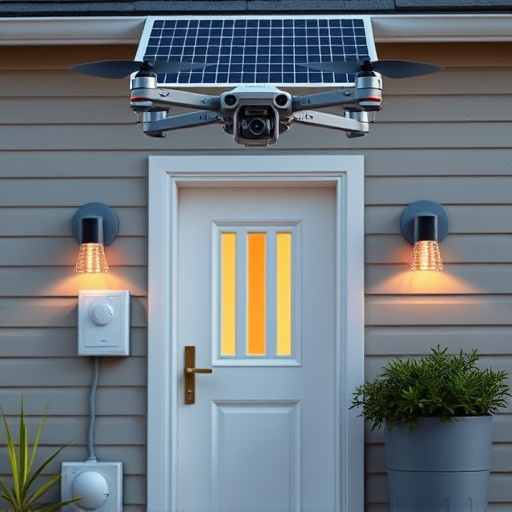 modular smart sensors on futuristic front door,energy efficient camera under solar panel,future-ready neighborhood surveillance drone,cloud-based home security dashboard on tablet,modern entryway with facial recognition access