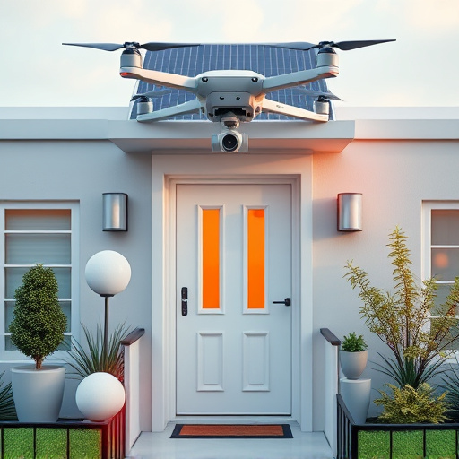 modular smart sensors on futuristic front door,energy efficient camera under solar panel,future-ready neighborhood surveillance drone,cloud-based home security dashboard on tablet,modern entryway with facial recognition access