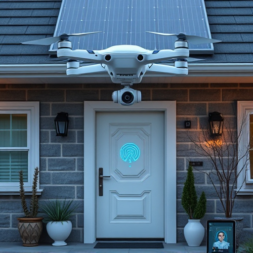 modular smart sensors on futuristic front door,energy efficient camera under solar panel,future-ready neighborhood surveillance drone,cloud-based home security dashboard on tablet,modern entryway with facial recognition access