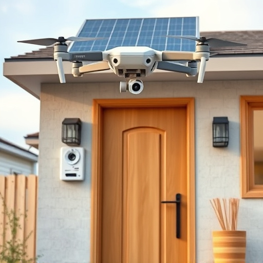 modular smart sensors on futuristic front door,energy efficient camera under solar panel,future-ready neighborhood surveillance drone,cloud-based home security dashboard on tablet,modern entryway with facial recognition access