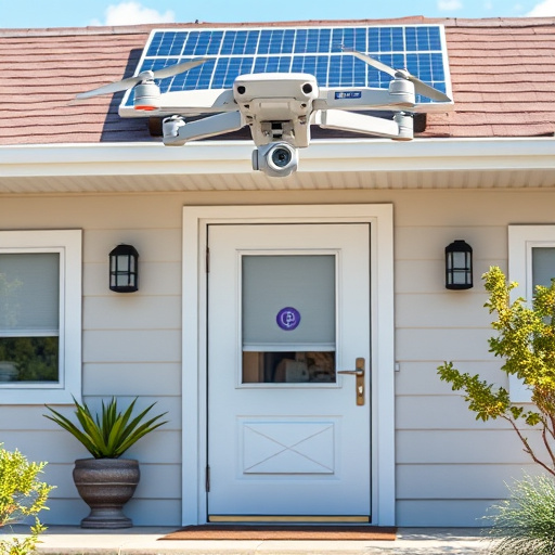 modular smart sensors on futuristic front door,energy efficient camera under solar panel,future-ready neighborhood surveillance drone,cloud-based home security dashboard on tablet,modern entryway with facial recognition access