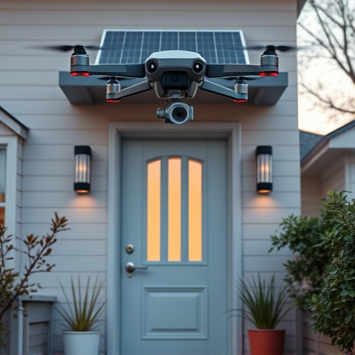 modular smart sensors on futuristic front door,energy efficient camera under solar panel,future-ready neighborhood surveillance drone,cloud-based home security dashboard on tablet,modern entryway with facial recognition access