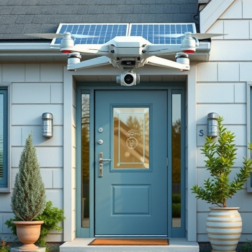 modular smart sensors on futuristic front door,energy efficient camera under solar panel,future-ready neighborhood surveillance drone,cloud-based home security dashboard on tablet,modern entryway with facial recognition access
