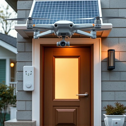 modular smart sensors on futuristic front door,energy efficient camera under solar panel,future-ready neighborhood surveillance drone,cloud-based home security dashboard on tablet,modern entryway with facial recognition access
