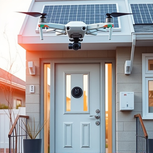 modular smart sensors on futuristic front door,energy efficient camera under solar panel,future-ready neighborhood surveillance drone,cloud-based home security dashboard on tablet,modern entryway with facial recognition access