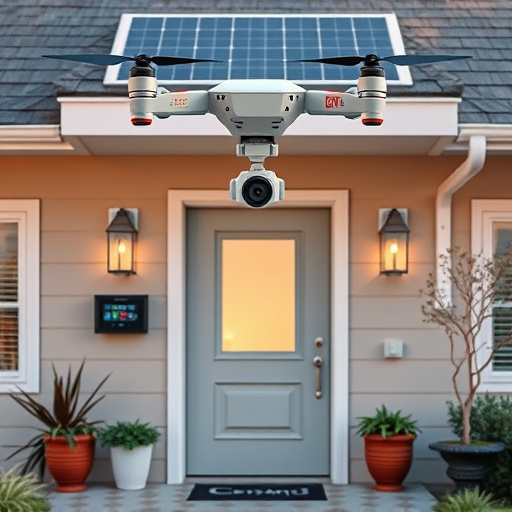 modular smart sensors on futuristic front door,energy efficient camera under solar panel,future-ready neighborhood surveillance drone,cloud-based home security dashboard on tablet,modern entryway with facial recognition access