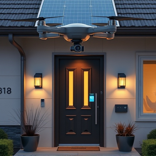 modular smart sensors on futuristic front door,energy efficient camera under solar panel,future-ready neighborhood surveillance drone,cloud-based home security dashboard on tablet,modern entryway with facial recognition access