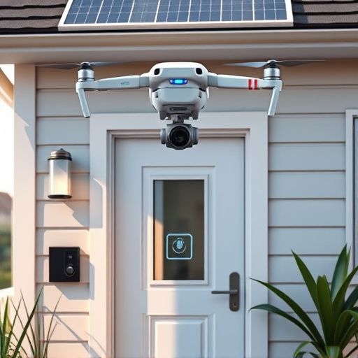 modular smart sensors on futuristic front door,energy efficient camera under solar panel,future-ready neighborhood surveillance drone,cloud-based home security dashboard on tablet,modern entryway with facial recognition access