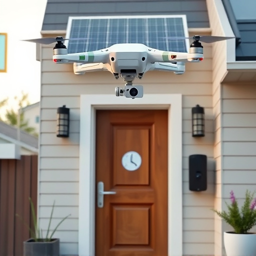 modular smart sensors on futuristic front door,energy efficient camera under solar panel,future-ready neighborhood surveillance drone,cloud-based home security dashboard on tablet,modern entryway with facial recognition access