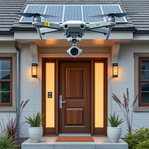 modular smart sensors on futuristic front door,energy efficient camera under solar panel,future-ready neighborhood surveillance drone,cloud-based home security dashboard on tablet,modern entryway with facial recognition access