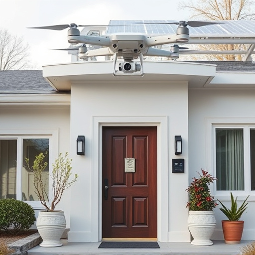 modular smart sensors on futuristic front door,energy efficient camera under solar panel,future-ready neighborhood surveillance drone,cloud-based home security dashboard on tablet,modern entryway with facial recognition access