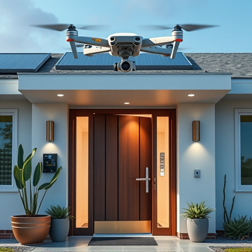 modular smart sensors on futuristic front door,energy efficient camera under solar panel,future-ready neighborhood surveillance drone,cloud-based home security dashboard on tablet,modern entryway with facial recognition access