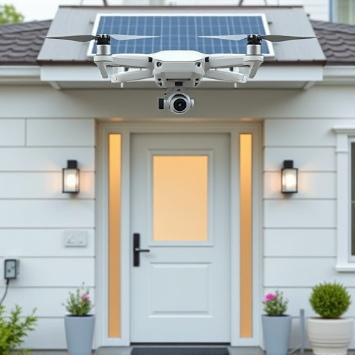 modular smart sensors on futuristic front door,energy efficient camera under solar panel,future-ready neighborhood surveillance drone,cloud-based home security dashboard on tablet,modern entryway with facial recognition access