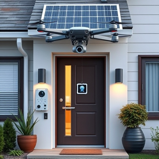 modular smart sensors on futuristic front door,energy efficient camera under solar panel,future-ready neighborhood surveillance drone,cloud-based home security dashboard on tablet,modern entryway with facial recognition access