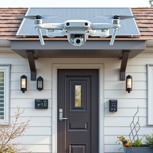 modular smart sensors on futuristic front door,energy efficient camera under solar panel,future-ready neighborhood surveillance drone,cloud-based home security dashboard on tablet,modern entryway with facial recognition access