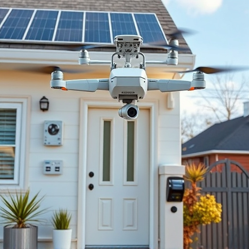 modular smart sensors on futuristic front door,energy efficient camera under solar panel,future-ready neighborhood surveillance drone,cloud-based home security dashboard on tablet,modern entryway with facial recognition access