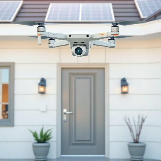 modular smart sensors on futuristic front door,energy efficient camera under solar panel,future-ready neighborhood surveillance drone,cloud-based home security dashboard on tablet,modern entryway with facial recognition access