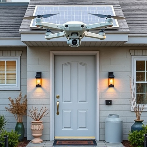 modular smart sensors on futuristic front door,energy efficient camera under solar panel,future-ready neighborhood surveillance drone,cloud-based home security dashboard on tablet,modern entryway with facial recognition access