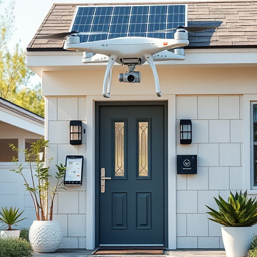 modular smart sensors on futuristic front door,energy efficient camera under solar panel,future-ready neighborhood surveillance drone,cloud-based home security dashboard on tablet,modern entryway with facial recognition access