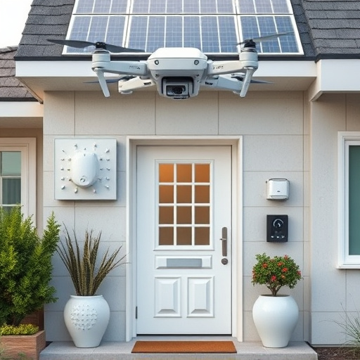 modular smart sensors on futuristic front door,energy efficient camera under solar panel,future-ready neighborhood surveillance drone,cloud-based home security dashboard on tablet,modern entryway with facial recognition access