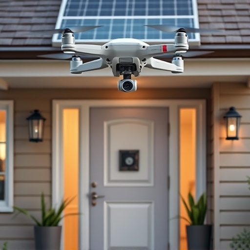 modular smart sensors on futuristic front door,energy efficient camera under solar panel,future-ready neighborhood surveillance drone,cloud-based home security dashboard on tablet,modern entryway with facial recognition access