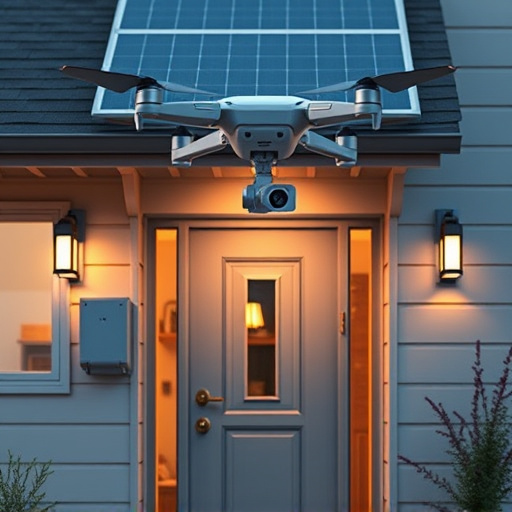 modular smart sensors on futuristic front door,energy efficient camera under solar panel,future-ready neighborhood surveillance drone,cloud-based home security dashboard on tablet,modern entryway with facial recognition access