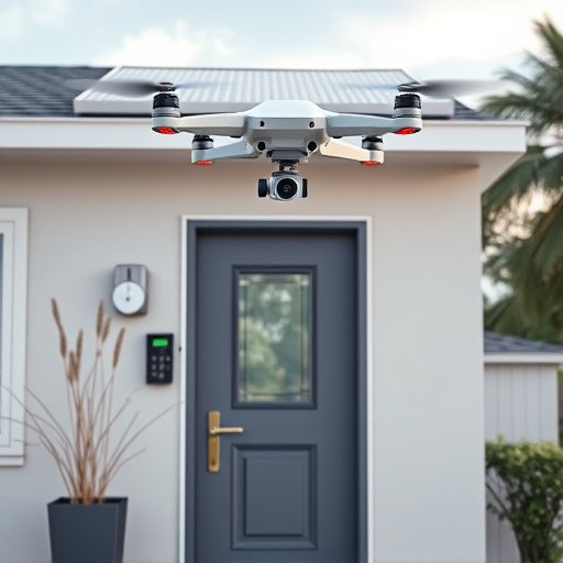 modular smart sensors on futuristic front door,energy efficient camera under solar panel,future-ready neighborhood surveillance drone,cloud-based home security dashboard on tablet,modern entryway with facial recognition access