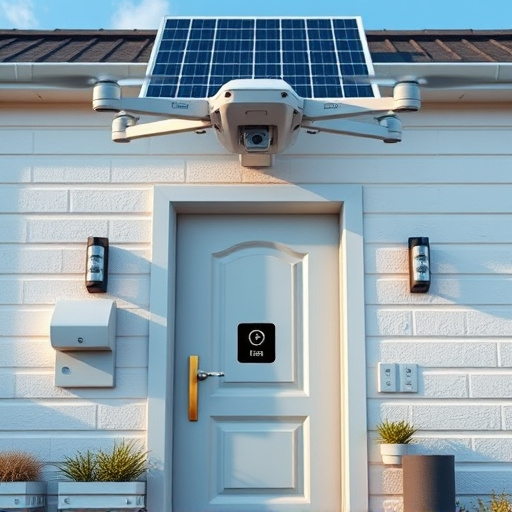 modular smart sensors on futuristic front door,energy efficient camera under solar panel,future-ready neighborhood surveillance drone,cloud-based home security dashboard on tablet,modern entryway with facial recognition access