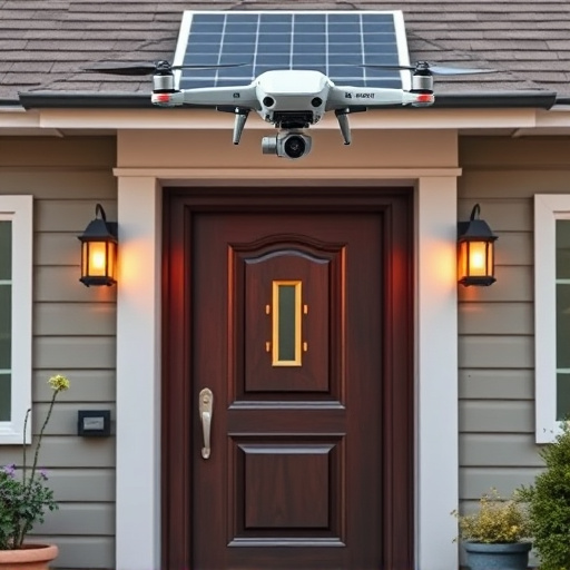 modular smart sensors on futuristic front door,energy efficient camera under solar panel,future-ready neighborhood surveillance drone,cloud-based home security dashboard on tablet,modern entryway with facial recognition access