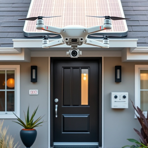 modular smart sensors on futuristic front door,energy efficient camera under solar panel,future-ready neighborhood surveillance drone,cloud-based home security dashboard on tablet,modern entryway with facial recognition access