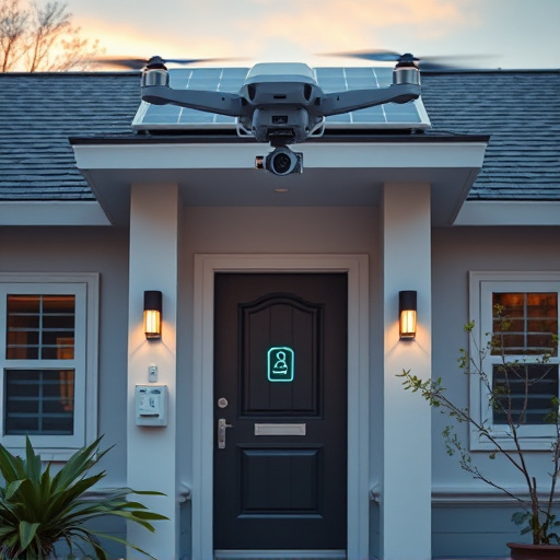 modular smart sensors on futuristic front door,energy efficient camera under solar panel,future-ready neighborhood surveillance drone,cloud-based home security dashboard on tablet,modern entryway with facial recognition access