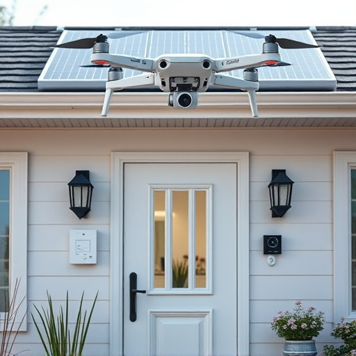 modular smart sensors on futuristic front door,energy efficient camera under solar panel,future-ready neighborhood surveillance drone,cloud-based home security dashboard on tablet,modern entryway with facial recognition access