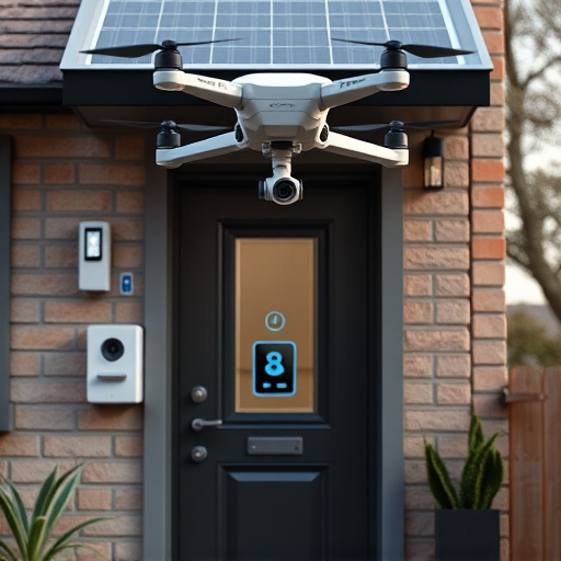 modular smart sensors on futuristic front door,energy efficient camera under solar panel,future-ready neighborhood surveillance drone,cloud-based home security dashboard on tablet,modern entryway with facial recognition access