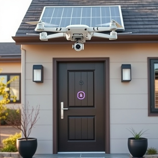 modular smart sensors on futuristic front door,energy efficient camera under solar panel,future-ready neighborhood surveillance drone,cloud-based home security dashboard on tablet,modern entryway with facial recognition access