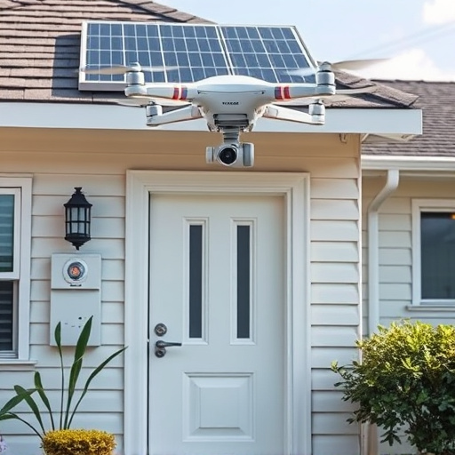 modular smart sensors on futuristic front door,energy efficient camera under solar panel,future-ready neighborhood surveillance drone,cloud-based home security dashboard on tablet,modern entryway with facial recognition access