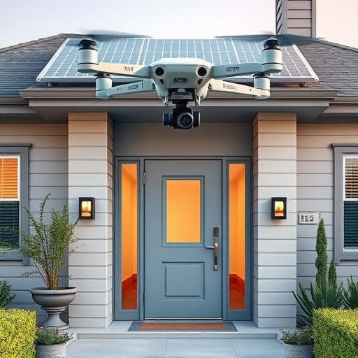 modular smart sensors on futuristic front door,energy efficient camera under solar panel,future-ready neighborhood surveillance drone,cloud-based home security dashboard on tablet,modern entryway with facial recognition access