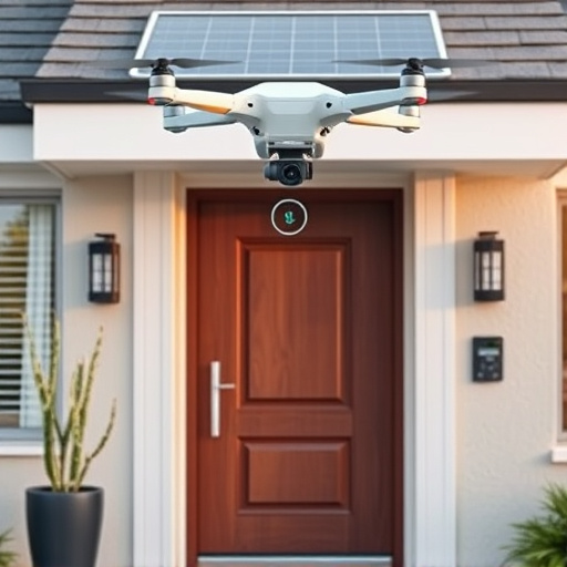 modular smart sensors on futuristic front door,energy efficient camera under solar panel,future-ready neighborhood surveillance drone,cloud-based home security dashboard on tablet,modern entryway with facial recognition access