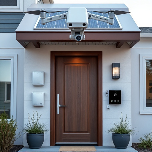 modular smart sensors on futuristic front door,energy efficient camera under solar panel,future-ready neighborhood surveillance drone,cloud-based home security dashboard on tablet,modern entryway with facial recognition access
