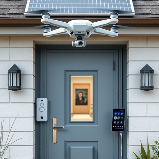 modular smart sensors on futuristic front door,energy efficient camera under solar panel,future-ready neighborhood surveillance drone,cloud-based home security dashboard on tablet,modern entryway with facial recognition access
