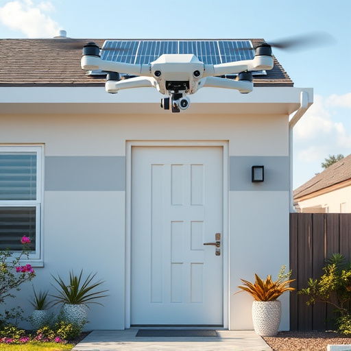 modular smart sensors on futuristic front door,energy efficient camera under solar panel,future-ready neighborhood surveillance drone,cloud-based home security dashboard on tablet,modern entryway with facial recognition access