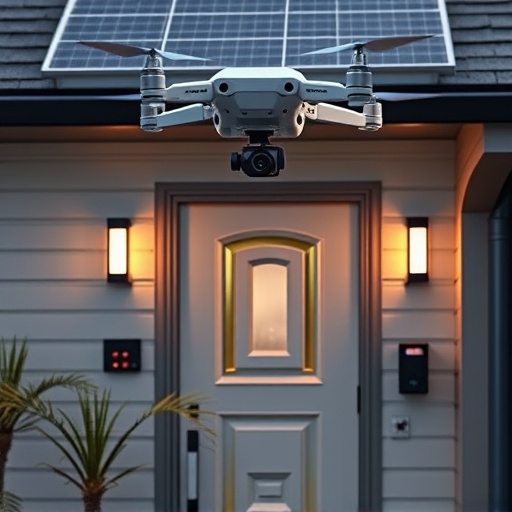modular smart sensors on futuristic front door,energy efficient camera under solar panel,future-ready neighborhood surveillance drone,cloud-based home security dashboard on tablet,modern entryway with facial recognition access