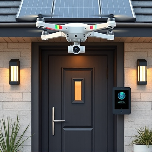 modular smart sensors on futuristic front door,energy efficient camera under solar panel,future-ready neighborhood surveillance drone,cloud-based home security dashboard on tablet,modern entryway with facial recognition access